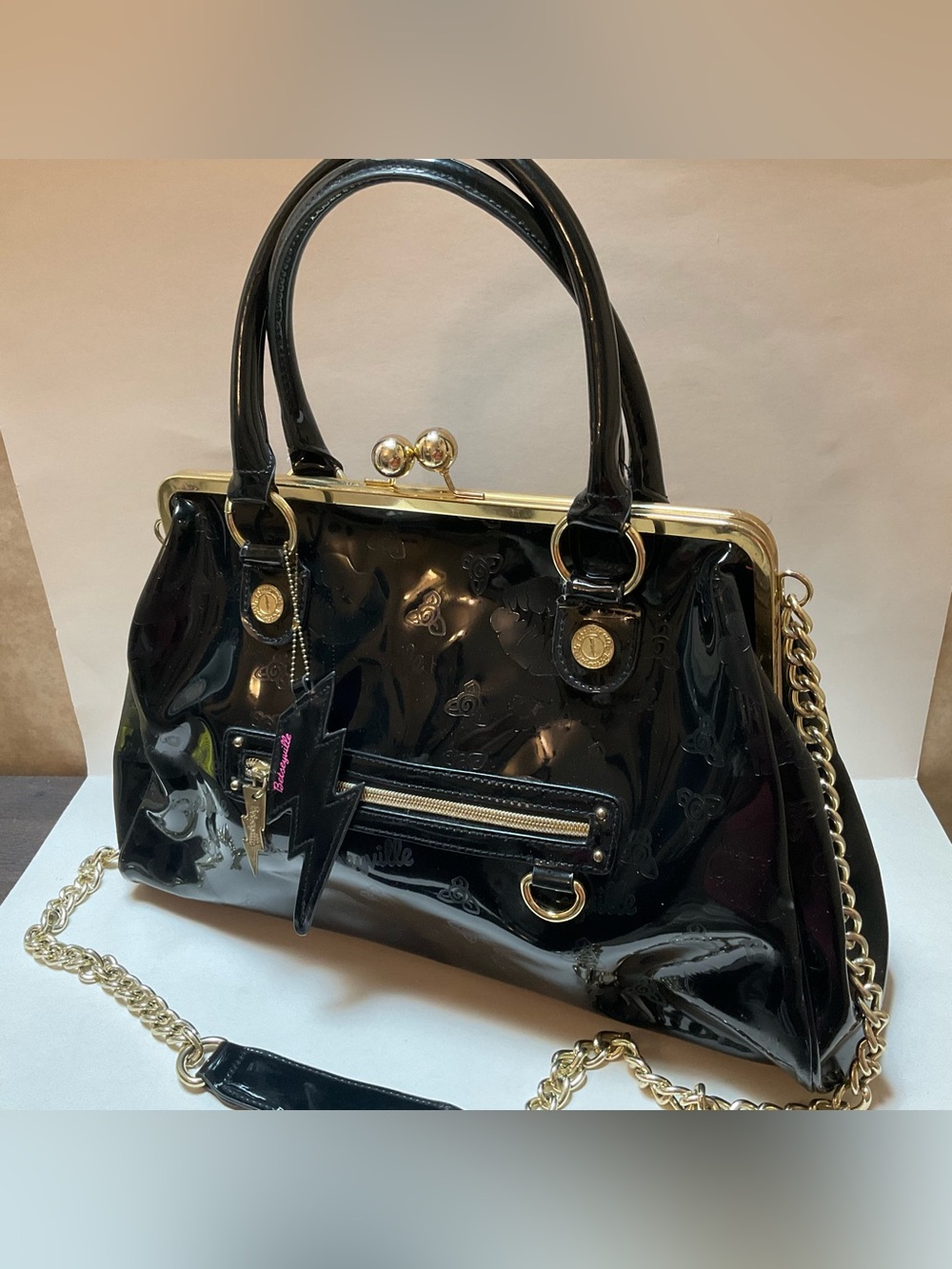 RARE Vintage Betseyville Kiss-lock Satchel Oversized Top handle Black Crossbody